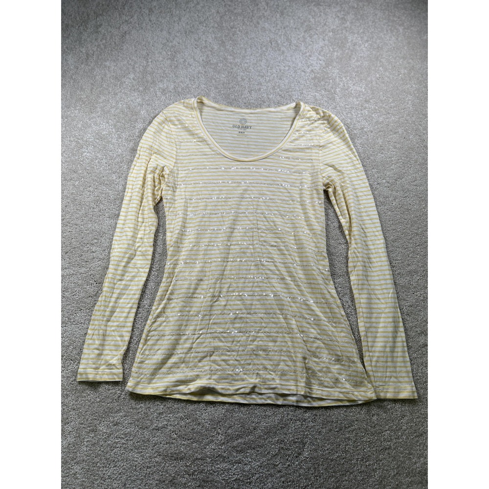 Old Navy Shirt Womens Medium Yellow White Striped Sequin Long Sleeve Lightweight